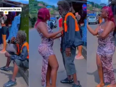 Confident lady in tight-fitting gown dances for Old man in Public