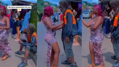 Confident lady in tight-fitting gown dances for Old man in Public