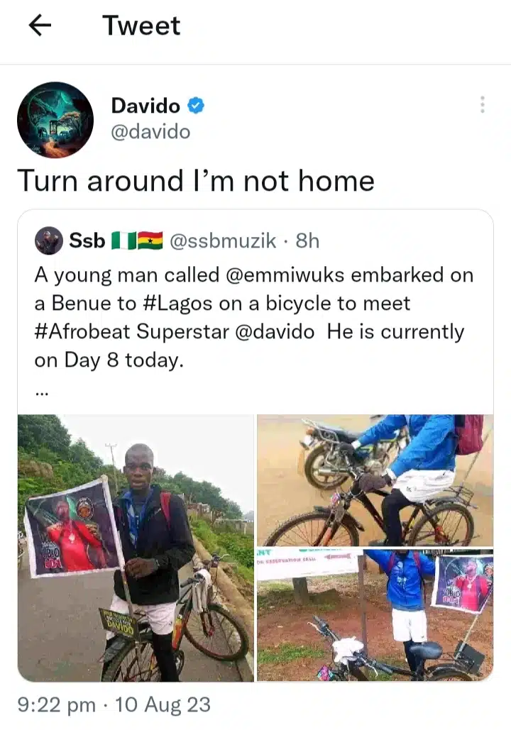 Reactions trail Davido’s harsh response to diehard fan who’s riding bicycle from Benue to Lagos to see him