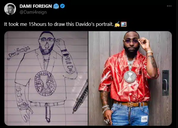 “It took me 15 hours” — Fan draws a spectacular portrait of Davido, netizens react