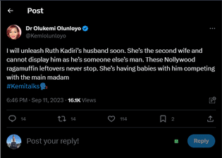 “She snatched another woman’s man” – Kemi Olunloyo reveals why Ruth Kadiri hides husband’s face