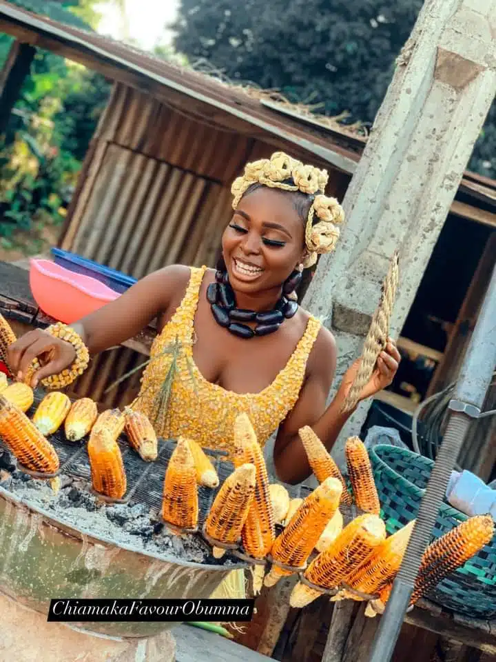Talented Nigerian lady rocks beautiful dress made with maize seed and silk