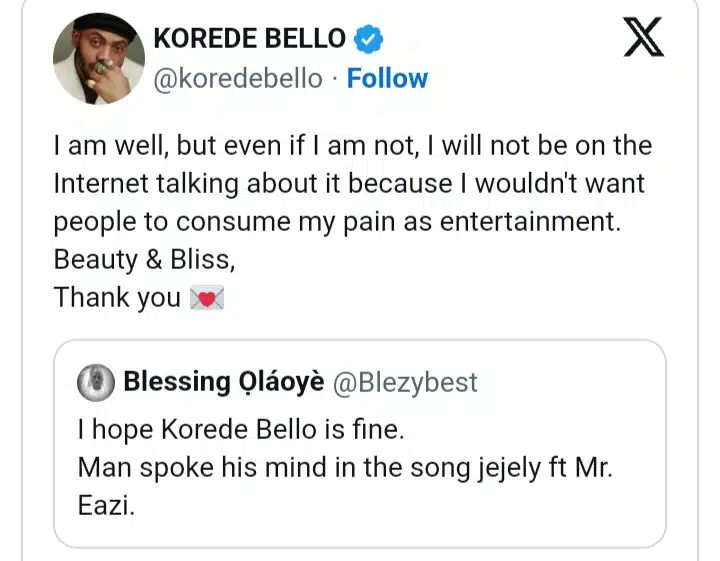 Record label saga: DonJazzy’s former signee Korede Bello shares cryptic post about his wellbeing
