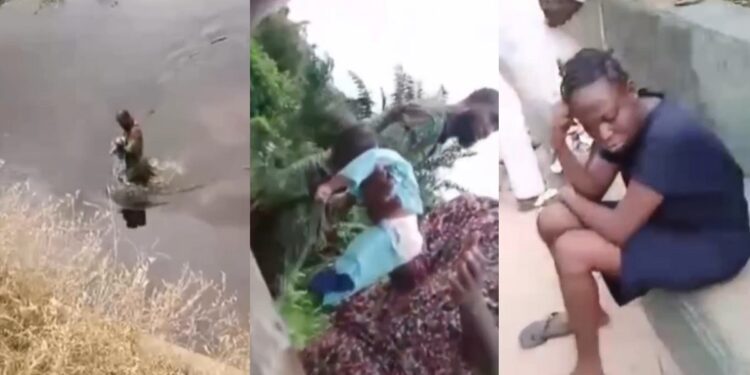 Baby rescued after being thrown into a river by the mother in Lagos (video)