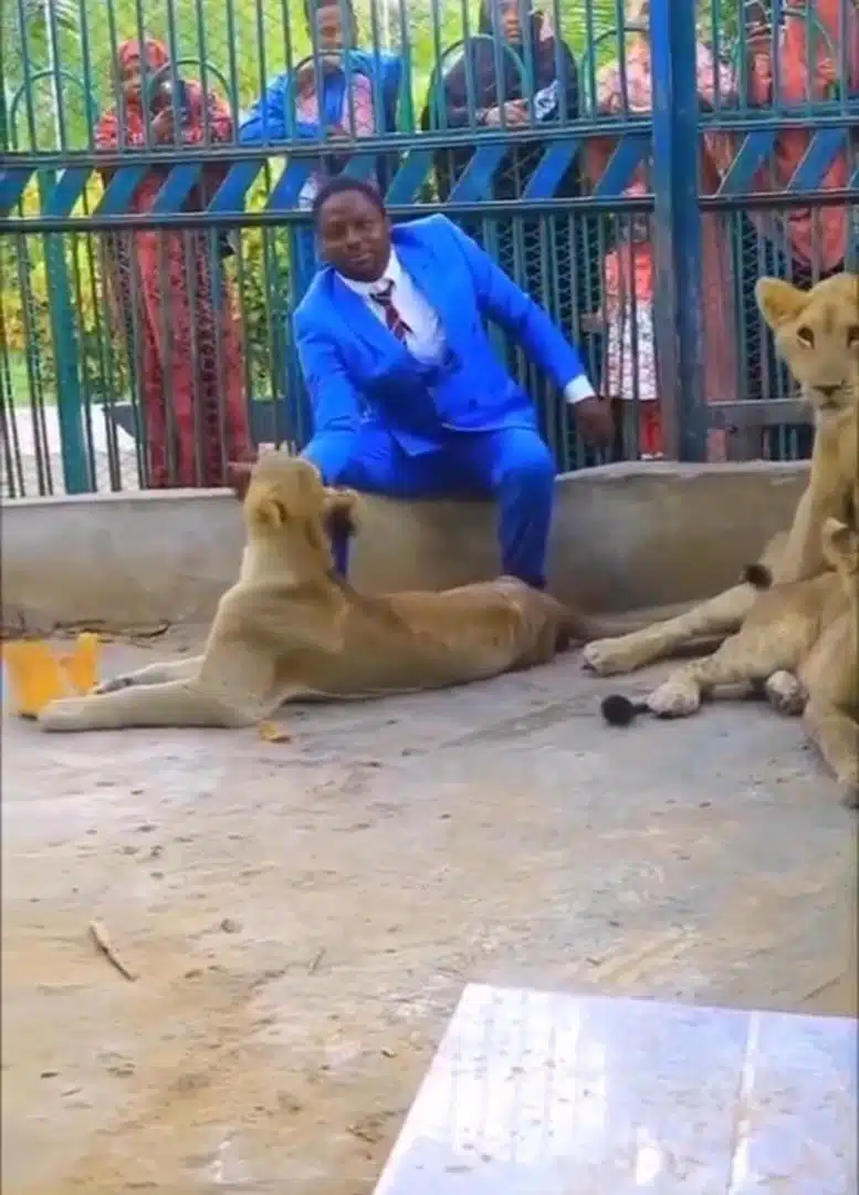 Pastor invites church member to watch him in lions’ den and this happened (Video)