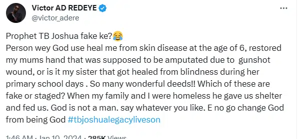 “TB Joshua fake ke?” – Victor AD recounts how he healed him and his mother