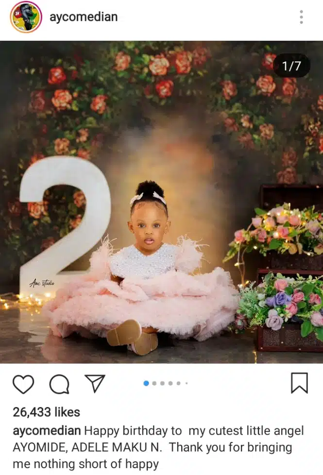 Congratulations pour in as AY Makun celebrates his daughter’s second birthday