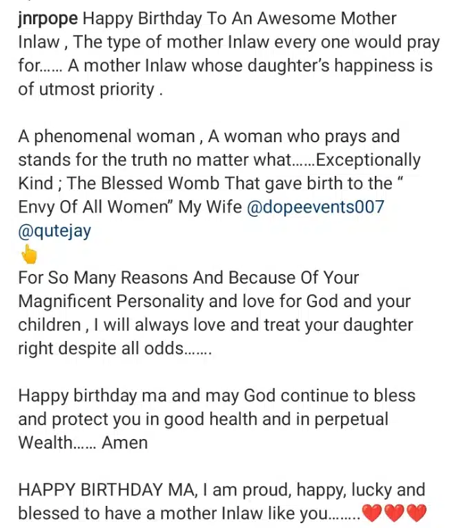 “A phenomenal woman; Exceptionally kind” – Junior Pope showers praises on mother-in-law on her birthday