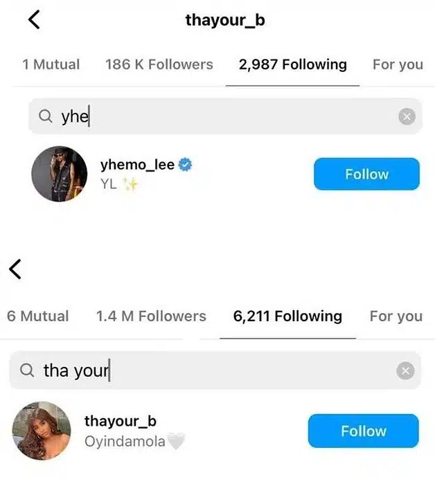 Yhemolee and ex-girlfriend, Thayour follow each other after messy breakup