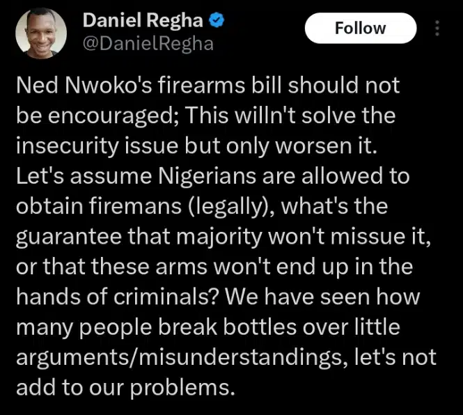 Why Ned Nwoko’s firearms bill should not be encouraged – Daniel Regha