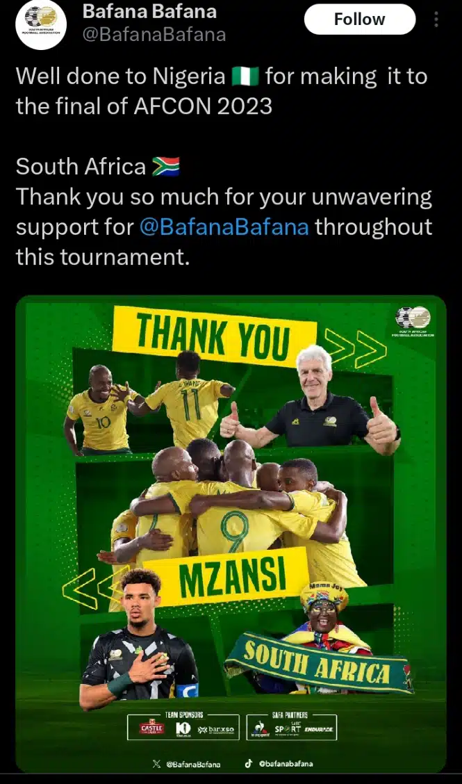 “Well done to Nigeria” – South Africa congratulates the Super Eagles for making it to the finals